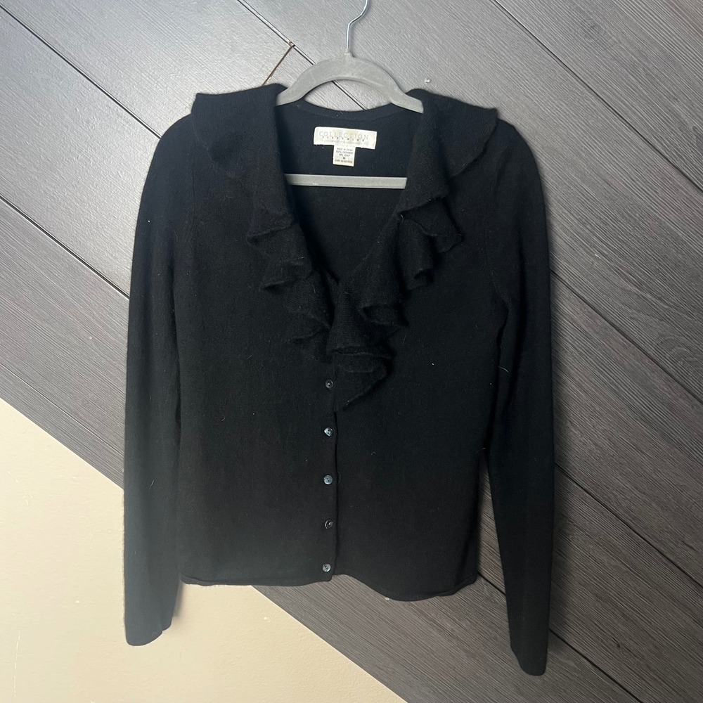 Collection 59 Womens Cashmere‎ Cardigan Black Ruffle Button Up M